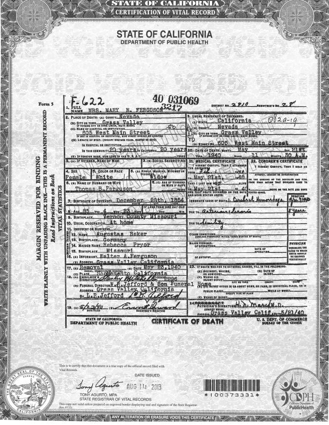 Baker, Mary E. Death Certificate