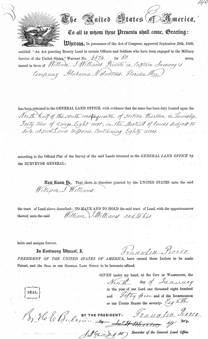 Williams, William J, Land Patent, No. 6674, 9 Jan 1854_Page_1