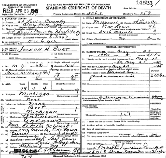 Burt, Joseph, Death Certificate
